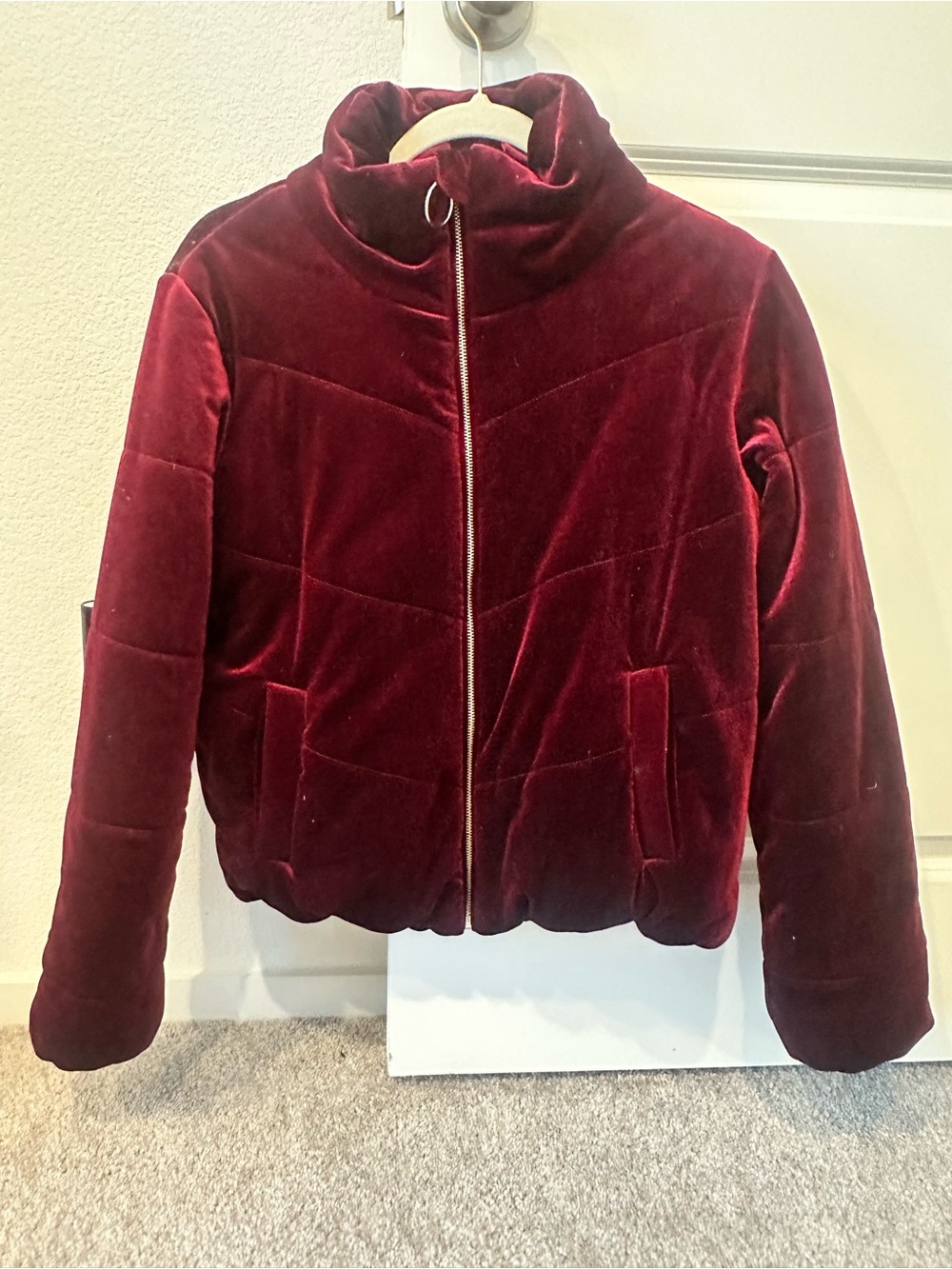Plush Velvet Quilted Puffer Jacket - Deep Burgundy